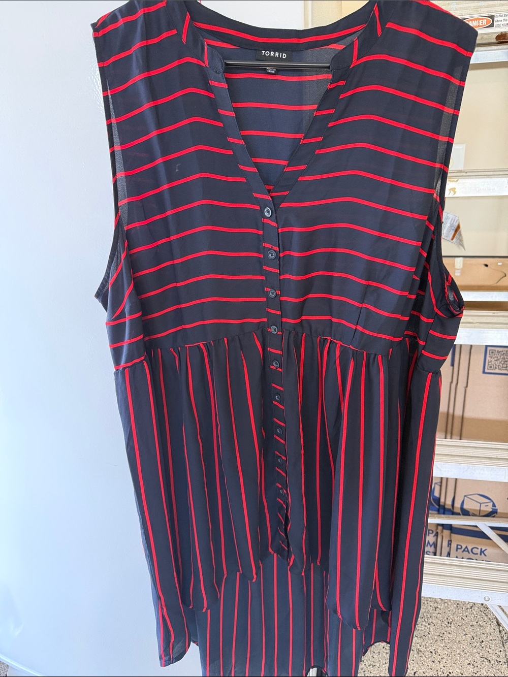 torrid navy blue with red stripes sleeveless button-front long tank
